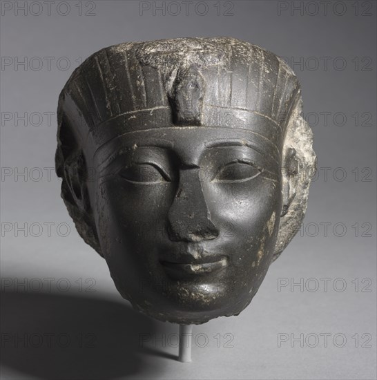 Head of Queen Hatshepsut (?), c. 1479-1457 BC. Egypt, New Kingdom, Dynasty 18, reign of Hatshepsut, 1479-1457 BC. Graywacke; overall: 16.2 x 14.9 x 17.8 cm (6 3/8 x 5 7/8 x 7 in.).