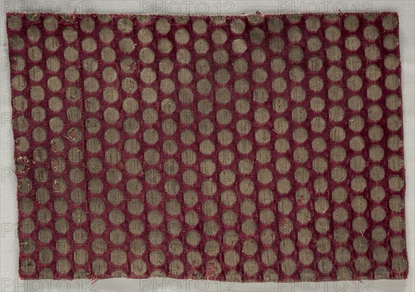 Velvet with gold discs, late 1200s or earlier. Iran, probably Tabriz, Ilkhanid period. Silk, gilt-metal thread; brocaded velvet; overall: 30.5 x 20.4 cm (12 x 8 1/16 in.)