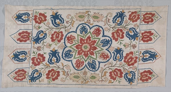 Embroidered cushion cover, 1700s. Turkey. Plain weave: linen; embroidery, self-couching and herringbone stitches: silk; average: 127 x 59.7 cm (50 x 23 1/2 in.)