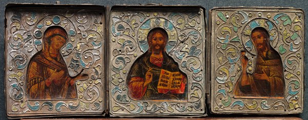 Triptych with Christ, the Virgin, and St. John the Evangelist, 1800s. Russia, 19th century. Pigment on wood, in cloisonné enamelled insert; overall: 7.9 x 21.9 x 2 cm (3 1/8 x 8 5/8 x 13/16 in.)