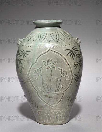 Vase with Inlaid Lotus, Plum, and Bamboo Design, 1300s. Korea, Goryeo period (918-1392). Celadon with inlaid design; overall: 30.3 cm (11 15/16 in.).