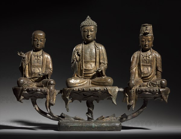 Amitabha Triad, 1400s. Korea, Joseon dynasty (1392-1910). Bronze with traces of gilding; overall: 40.6 x 16.5 x 54.6 cm (16 x 6 1/2 x 21 1/2 in.).