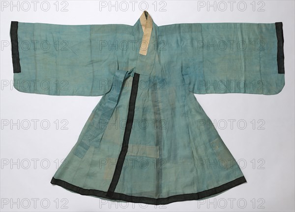 Inner Coat for the Royal Ceremonial Costume, late1800s-early 1900s. Blue silk, gauze weave; black silk, gauze weave; white silk, gauze weave; neck edge to hem: 119.4 cm (47 in.); across shoulders: 179.1 cm (70 1/2 in.).