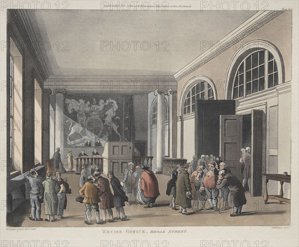 Excise Office, Broad Street, 1810. Thomas Rowlandson (British, 1756-1827), and Augustus Charles Pugin (British, 1762-1832). Etching