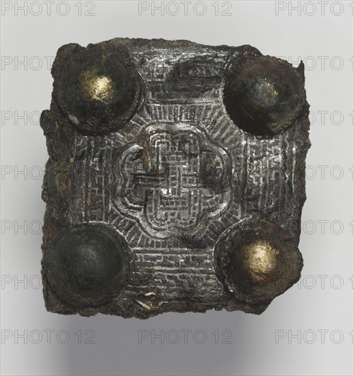 Belt Plate, 600s. Frankish, Migration period, 7th century. Iron with silver overlay; overall: 5.2 x 4.8 x 2 cm (2 1/16 x 1 7/8 x 13/16 in.)