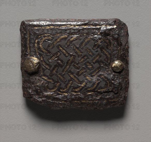 Plaque, 600s. Merovingian, Burgundian, Migration period, 7th century. Iron inlaid with gold and silver; overall: 4.2 x 2.7 cm (1 5/8 x 1 1/16 in.).