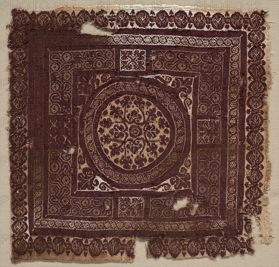 Ornament with Symbolic Interlacing Knots, 400s - 600s. Egypt, Byzantine period, 5th - 7th period. Tapestry weave with supplementary weftwrapping; undyed linen, dyed wool; overall: 26.1 x 25.1 cm (10 1/4 x 9 7/8 in.).