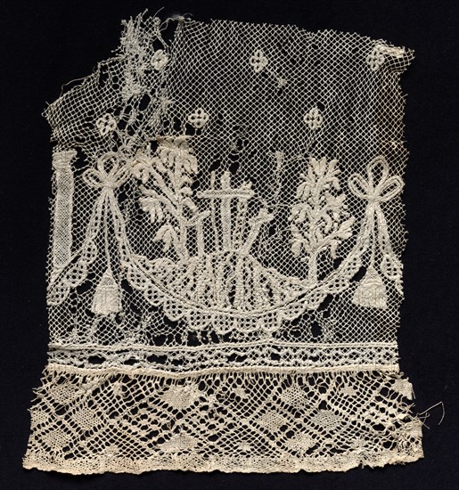 Fragment of a Band with Three Crosses of the Crucifixion, 18th century. Spain, 18th century. Needle lace, filet/lacis (knotted ground and darned in one direction) and burato (twined ground and darned in two directions); bleached linen (est.); overall: 29.2 x 26 cm (11 1/2 x 10 1/4 in.).