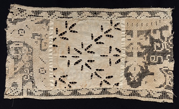 Fragment of Band with Vegetal Motifs, 17th century. Spain, 17th century. Needle lace, filet/lacis (knotted ground and darned in two directions) and cutwork insertion; bleached linen (est.); overall: 31.5 x 55.6 cm (12 3/8 x 21 7/8 in.).