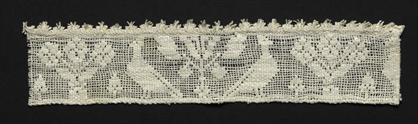 Fragment of a Band with Birds and Trees, 16th century. Italy, Sicily, 16th century. Needle lace, burato (twined ground and darned in one direction); bleached linen (est.); overall: 5.4 x 23.5 cm (2 1/8 x 9 1/4 in.)