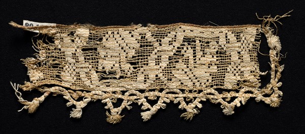 Fragment of a Border with Abstract Pattern, 16th century. Italy, Sicily, 16th century. Needle lace, burato (twined ground and darned in one direction) and bobbin lace edging; brown silk (est.), unbleached and bleached linen (est.), or cotton (est.); overall: 8 x 19.1 cm (3 1/8 x 7 1/2 in.)