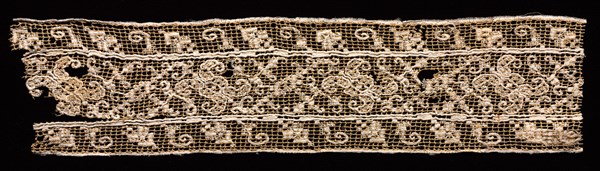 Fragment of a Band with Abstract Pattern, 1500s-1600s. Italy, 16th-17th century. Needle lace, filet/lacis (knotted ground and darned in one and two directions); unbleached and bleached linen (est.); overall: 6.4 x 26.4 cm (2 1/2 x 10 3/8 in.)