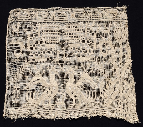 Fragment of a Band with Confronted Birds, a Formal Tree, and Smaller Animals, 16th century. Italy, 16th century. Needle lace, burato (twined ground and darned in one direction); bleached linen (est.); overall: 39.1 x 45.6 cm (15 3/8 x 17 15/16 in.).