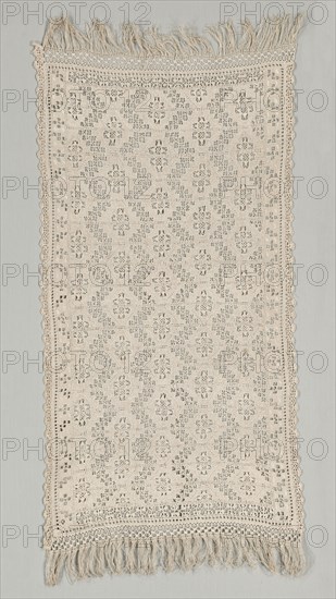 Needlepoint (Cutwork) and Bobbin Lace Table Cover, 16th-17th century. Italy, 16th-17th century. Lace, needlepoint and bobbin: linen; average: 48.3 x 104.8 cm (19 x 41 1/4 in.)