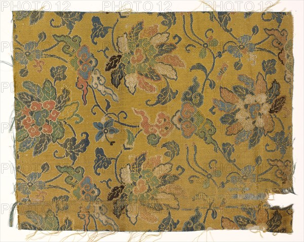 Fragment, 1700s. China, 18th century. Satin ground; silk diasper weave; overall: 19.1 x 16 cm (7 1/2 x 6 5/16 in.).