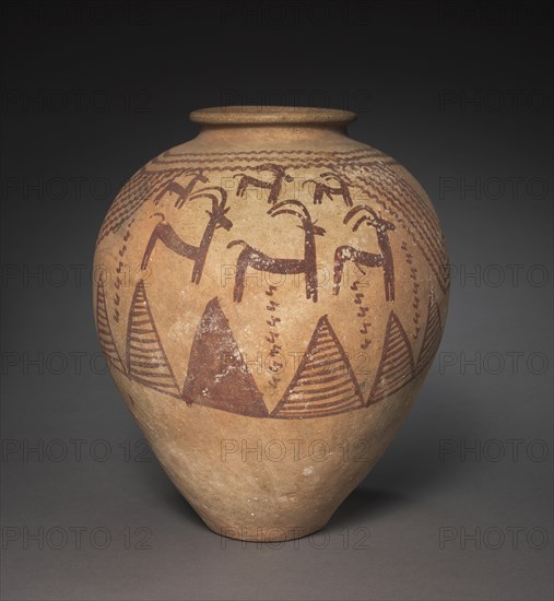 Storage Jar, 3100 BC-2950 BC. Egypt, Naqada III Period jar, with modern painted decoration. Marl clay ware; diameter: 25.1 cm (9 7/8 in.); diameter of mouth: 9 cm (3 9/16 in.); overall: 29.5 cm (11 5/8 in.).