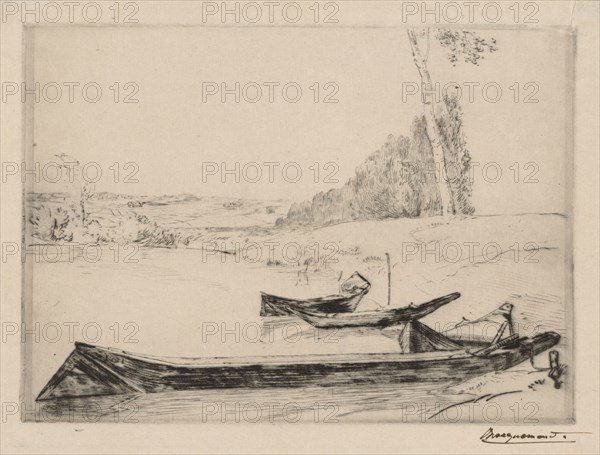 Small ferry-boats on the banks oft he Seine, c. 1858. Félix Bracquemond (French, 1833-1914). Drypoint; sheet: 31.1 x 38.8 cm (12 1/4 x 15 1/4 in.); platemark: 25.5 x 35.1 cm (10 1/16 x 13 13/16 in.)