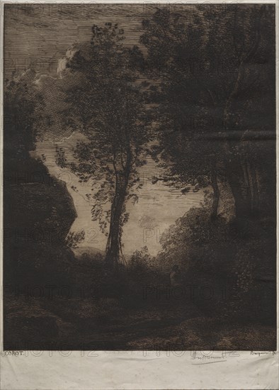 Landscape: Sunset, after Corot, c. 1858. Félix Bracquemond (French, 1833-1914), August Delâtre. Etching; image: 30.1 x 23.8 cm (11 7/8 x 9 3/8 in.)