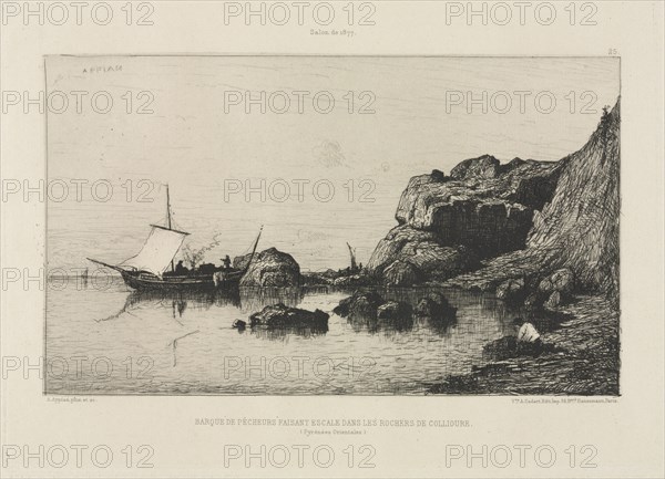 Fishing boat making a port of call at the rocks of Collioure, 1878. Adolphe Appian (French, 1818-1898), Alfred Cadart. Etching; sheet: 34.7 x 48.8 cm (13 11/16 x 19 3/16 in.); plate: 19.7 x 27.5 cm (7 3/4 x 10 13/16 in.)