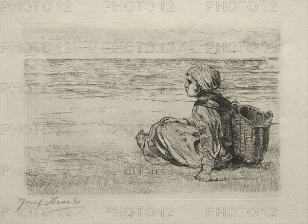 Girl with basket seated on the shore. Jozef Israëls (Dutch, 1824-1911). Etching