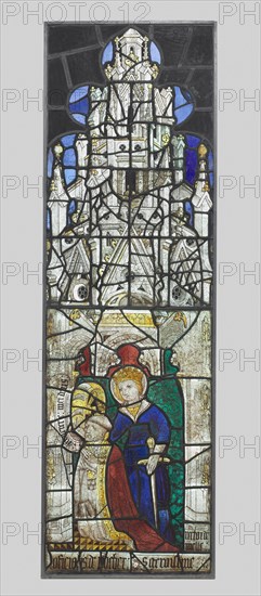 Saint Catherine with a Kneeling Male Donor, 1400s. France, Poitou, Melle, 15th century. Pot metal, white glass with silver stain; overall: 158.7 x 49.2 cm (62 1/2 x 19 3/8 in.)