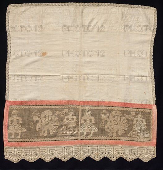 Cloth with Border of Female Figures and Peacocks, 18th-19th century. Russia, 18th-19th century. Plain weave linen with needle lace, burato (twined ground and darned in one and two directions) and bobbin lace edging; unbleached linen (est.) and silk ribbon (est.); overall: 89.8 x 95.2 cm (35 3/8 x 37 1/2 in.).