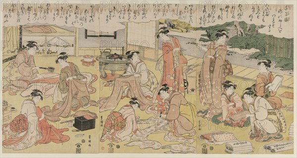 Women Making Clothing, early 1790s. Utagawa Toyokuni (Japanese, 1769-1825). Color woodblock print; overall: 38.2 x 76.2 cm (15 1/16 x 30 in.).