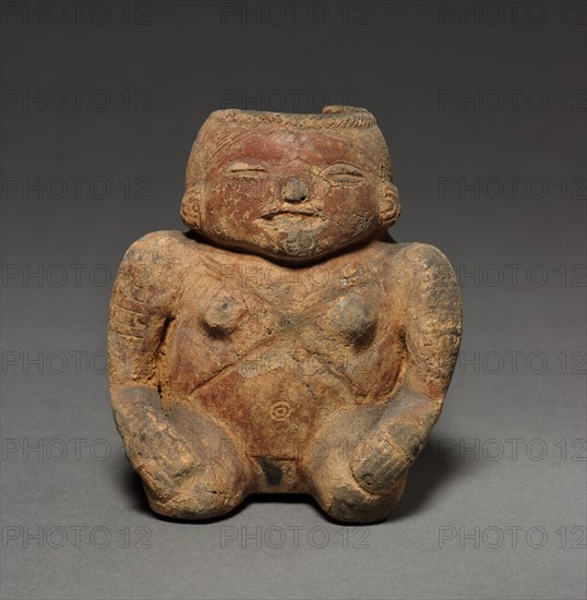 Figure, before 1550. Colombia. Red ware with incised patterns; overall: 10.1 x 9.4 x 8.6 cm (4 x 3 11/16 x 3 3/8 in.).