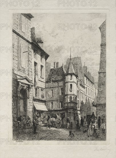 Tourelle en Fontaine Rue d'Ecole de Medicines demolies en 1877. Alfred Alexandre Delauney (French, 1830-1894). Etching