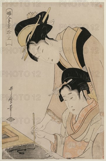 Mother Teaching her Daughter Calligraphy, from the series, Twelve Occupations of Women, c. 1798. Kitagawa Utamaro (Japanese, 1753?-1806). Color woodblock print; sheet: 38.8 x 25.2 cm (15 1/4 x 9 15/16 in.).