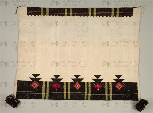 Ceremonial Manta , c. 1863-1874. America, Native North American, Southwest, Pueblo, Post-Contact, Late Classic Period. Plain weave with embroidery: cotton and wool (handspun, Gernamtown, and bayeta); overall: 124 x 165 cm (48 13/16 x 64 15/16 in.).