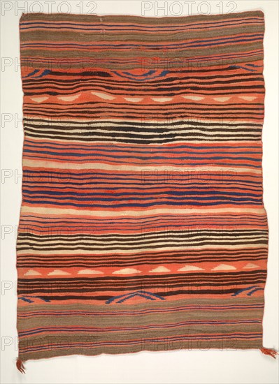 Banded Wearing Blanket (diyugi), c. 1880-1890. America, Native North American, Southwest, Navajo or Pueblo, Post-Contact, Transitional Period. Tapestry weave: wool (handspun and bayeta); overall: 172.7 x 127 cm (68 x 50 in.).