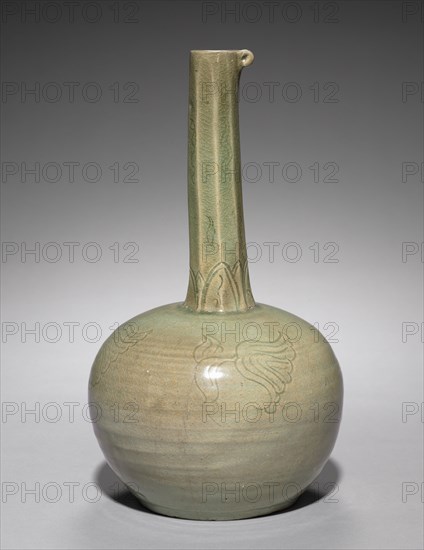 Long-necked Bottle with Incised Floral Design, 1100s. Celadon ware with incised and carved decoration; overall: 32.2 cm (12 11/16 in.); outer diameter: 18.4 cm (7 1/4 in.).