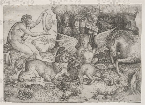 Allegorical Theme:  Combat of Animals, c. 1515-1520. Master of the Beheading of St. John the Baptist (Italian). Engraving