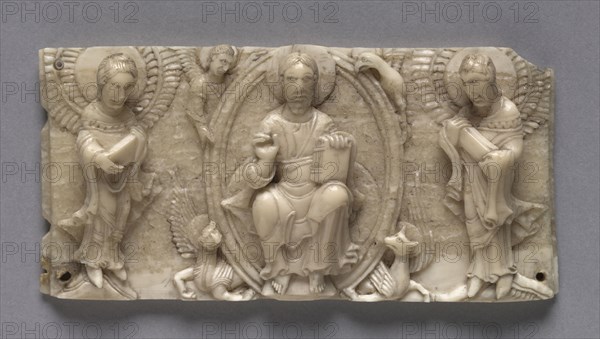 Plaque from a Portable Altar Showing Christ and the Apostles, 1050-1100. Germany, Lower Rhine Valley, Romanesque period, 11th century. Walrus ivory; overall: 5.1 x 10.8 cm (2 x 4 1/4 in.).