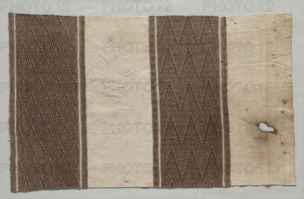 Fragment formed of Four Separate Fabrics Joined, c. 1100-1400. Peru, Central Coast, Chancay, 12th-15th century. Two pieces plain cloth, two pieces compound twill; cotton; average: 34.3 x 56 cm (13 1/2 x 22 1/16 in.).
