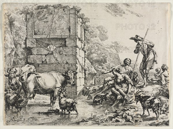 The Cow Drinking. Nicolaes Berchem (Dutch, 1620-1683). Etching