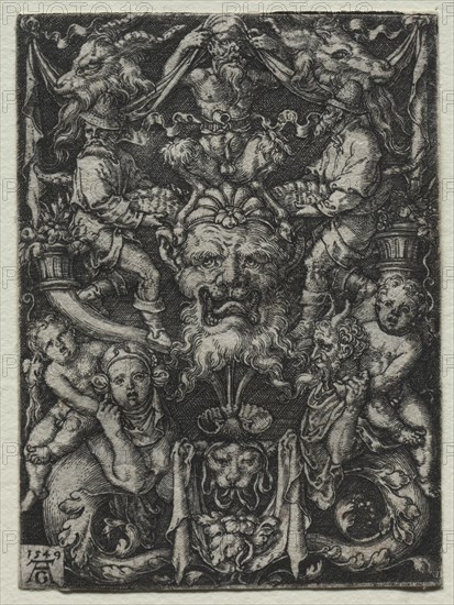 Ornament Design with a Mask, A Couple of Tritons, and Two Children Below, 1549. Heinrich Aldegrever (German, 1502-1555/61). Engraving