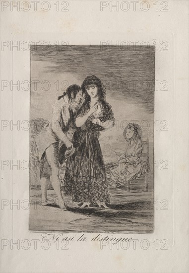 Caprichos:  Even Thus He Cannot Make Her Out. Francisco de Goya (Spanish, 1746-1828). Etching and aquatint