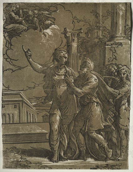 Tiburtine Sibyl and the Emperor Augustus, c. 1527-1530/31. Parmigianino (Italian, 1503-1540), after Antonio da Trento (Italian, c. 1508-c. 1550). Chiaroscuro woodcut (in brown-green and black); sheet: 34.1 x 25.9 cm (13 7/16 x 10 3/16 in.)