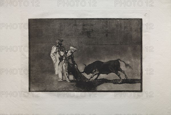 Bullfights:  The Moors Make a Different Play in the Ring Calling the Bull with the Burnous, 1876. Francisco de Goya (Spanish, 1746-1828). Engraving