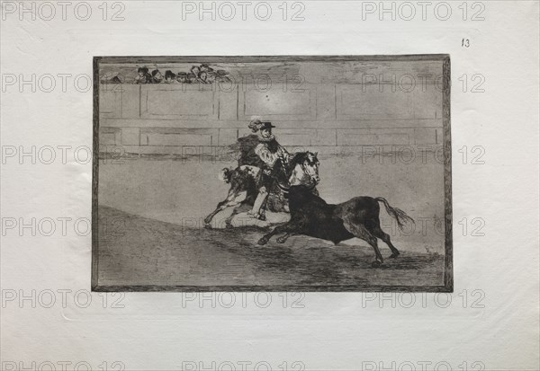 Bullfights:  A Spanish Mounted Knight in the Ring Breaking Short Spears Without the Help of Assistants, 1876. Francisco de Goya (Spanish, 1746-1828). Engraving