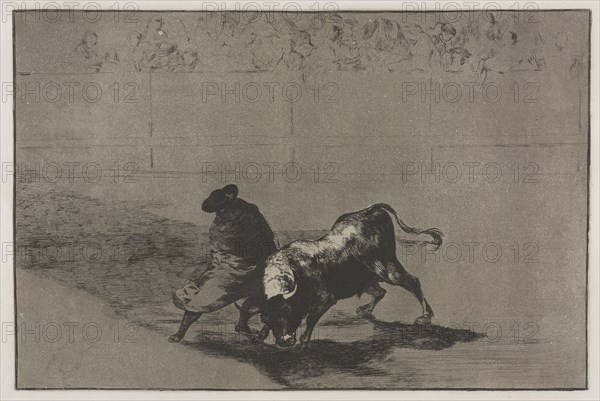 Bullfights:  The Very Skilful Student of Falces, Wrapped in his Cape, Tricks the Bull with the Play of his Body, 1876. Francisco de Goya (Spanish, 1746-1828). Engraving