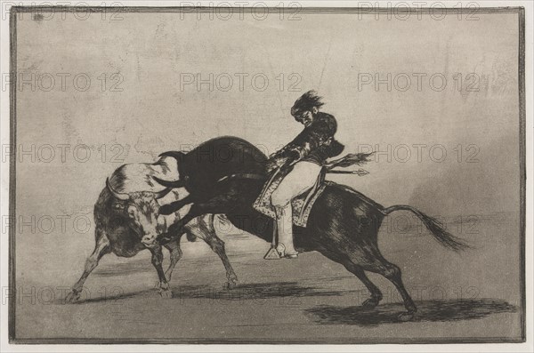 Bullfights:  The Same Ceballos Mounted on Another Bull Breaks Short Spears in the Ring at Madrid, 1876. Francisco de Goya (Spanish, 1746-1828). Engraving