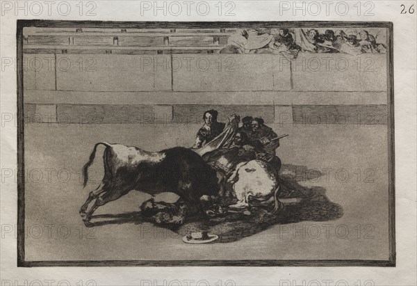 Bullfights:  A Picador is Unhorsed and Falls Under the Bull, 1876. Francisco de Goya (Spanish, 1746-1828). Engraving