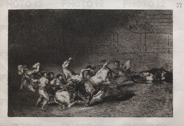 Bullfights:  Two Teams of Picadors Thrown One After the Other by a Single Bull, 1876. Francisco de Goya (Spanish, 1746-1828). Engraving