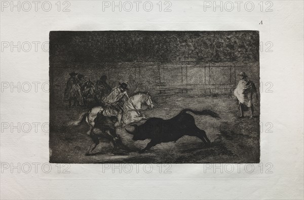 Bullfights:  A Spanish Mounted Knight Breaking Short Spears with the Help of Assistants, 1876. Francisco de Goya (Spanish, 1746-1828). Engraving
