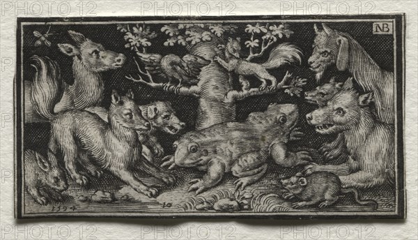 Fighting Chimeras and Scenes to Aesop's Fables: Two-headed Frog surrounded by Animals, 1594. Nicolaes de Bruyn (Netherlandish, 1571-1656), A. van Londerseel. Engraving; sheet: 3 x 5.8 cm (1 3/16 x 2 5/16 in.).
