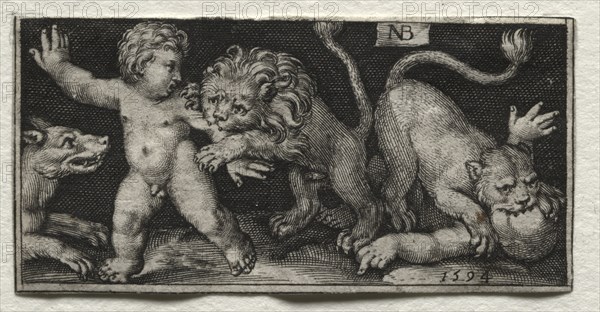 Fighting Chimeras and Scenes to Aesop's Fables: Lions Attacking Children, 1594. Nicolaes de Bruyn (Netherlandish, 1571-1656), A. van Londerseel. Engraving; sheet: 2.8 x 5.7 cm (1 1/8 x 2 1/4 in.).