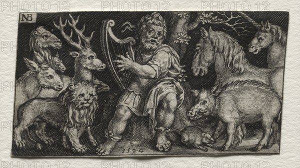 Fighting Chimeras and Scenes to Aesop's Fables: Orpheus Charming the Animals, 1594. Nicolaes de Bruyn (Netherlandish, 1571-1656), A. van Londerseel. Engraving; sheet: 3.4 x 6.2 cm (1 5/16 x 2 7/16 in.).
